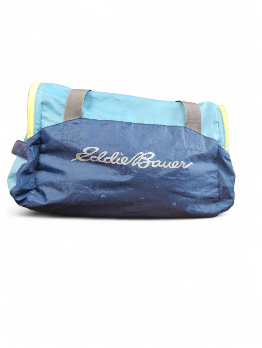 Eddie Bauer Rippac Stowaway 40L Aqua & Blue Logo Nylon Duffel with Lime Trim